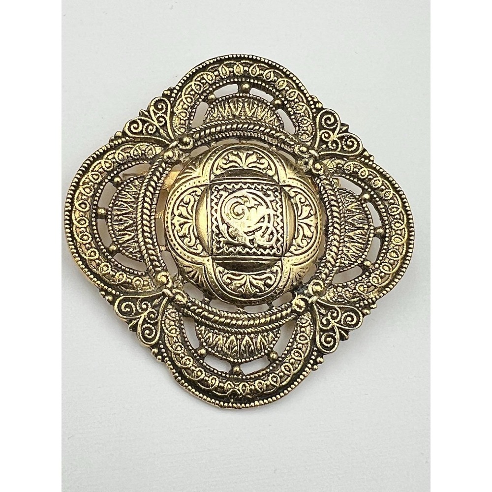 Vintage Gold Tone Filigree Ornate Etched Statement Brooch Pin 2.25" Cottagecore